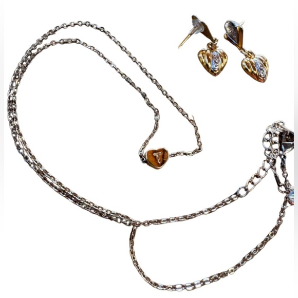 Gold toned heart T necklace & earrings - Picture 1 of 2